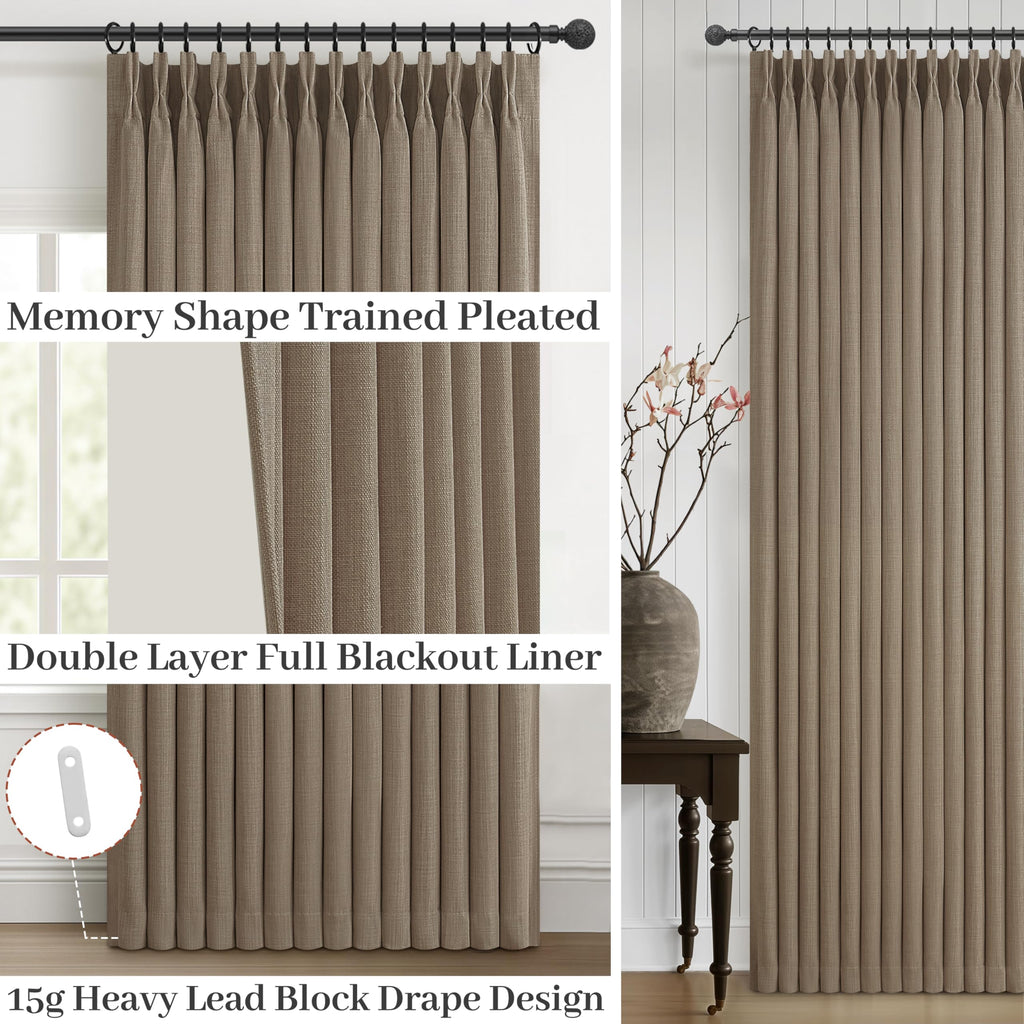 Linen Blackout Extra Short Kitchen Curtains 45 Inch Length, Memory Trained Pinch Pleated Thermal Small Cafe Curtain