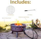 Cosmic 30-Inch Patio Fire Pit for Outside - Outdoor Wood-Burning Fire Pit with Grill Grate, Spark Screen, and Log Poker