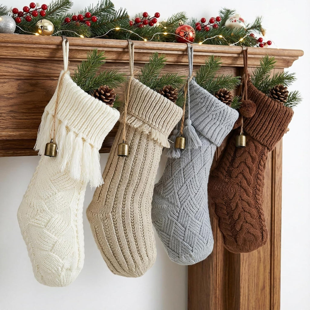 18'' Boho Brown with Bells Cable knitted Large Neutral Farmhouse Vintage Xmas Hanging Decorations - Set of 4