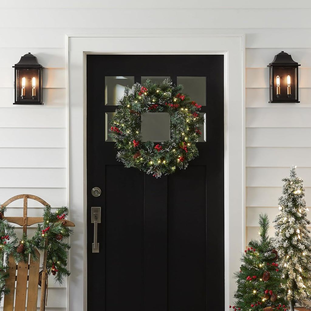 Tree Company 24in Pre-Lit Wintry Pine Flocked Christmas Wreath | 50 Warm White LED Lights, 113 Tips, Artificial