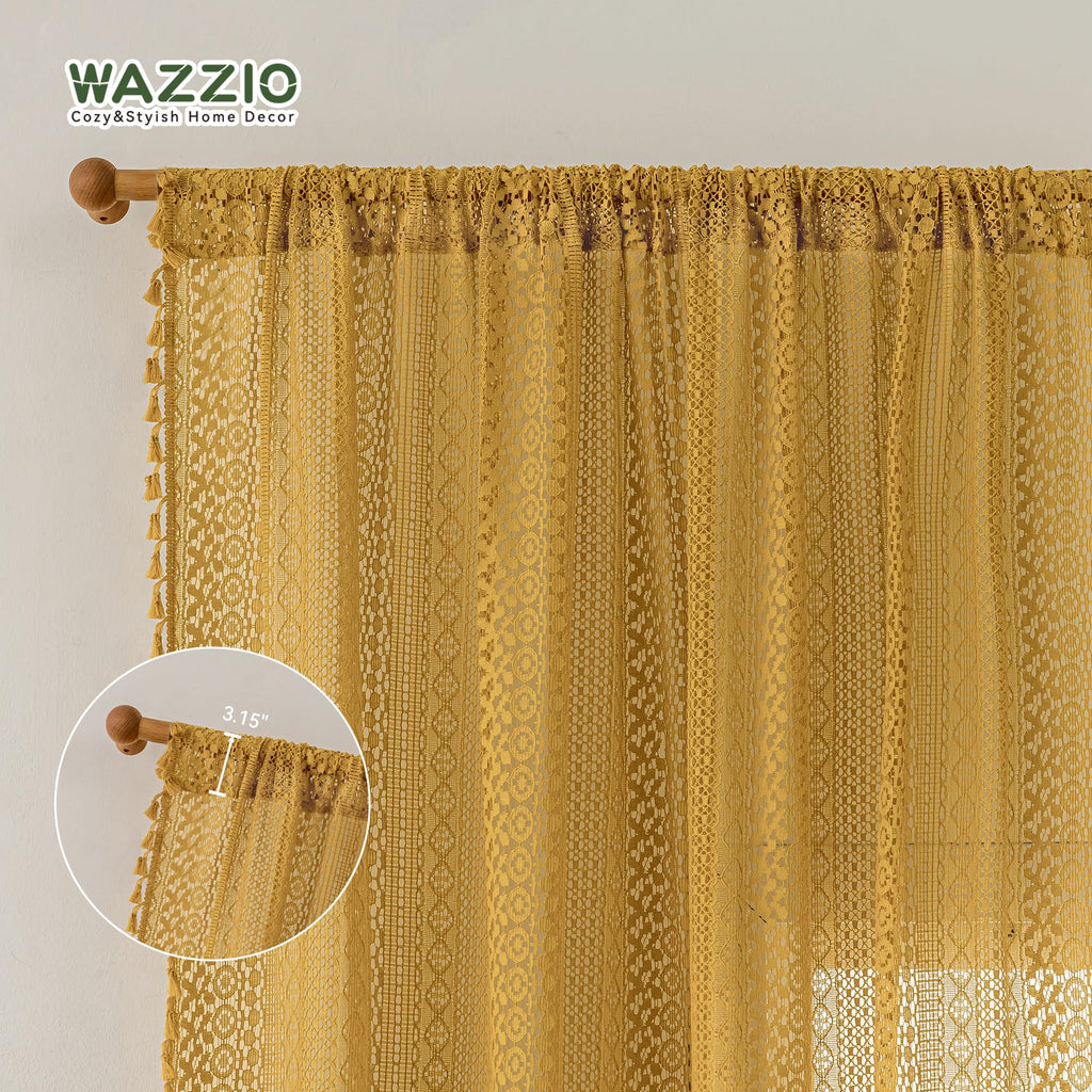 Boho Lace Curtains 63 Inches 2 Panel, Light Filtering Privacy Tassel & Geometry Crochet Semi Sheer Curtain Drapes