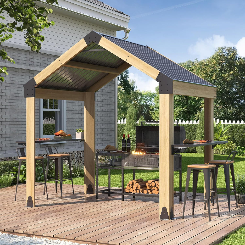 7.7'x5.7' Outdoor Grill Wood Gazebo - Hardtop Gazebo with 2 Side Shelves and Galvanized Steel Roof