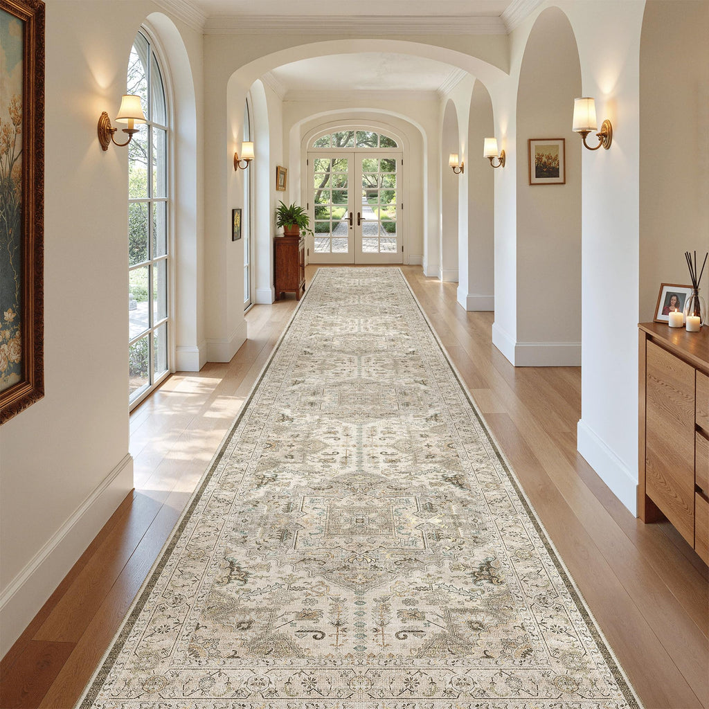 Hallway Runner Rug 3x20 Washable Kitchen Runners 20ft, Ivory/Brown