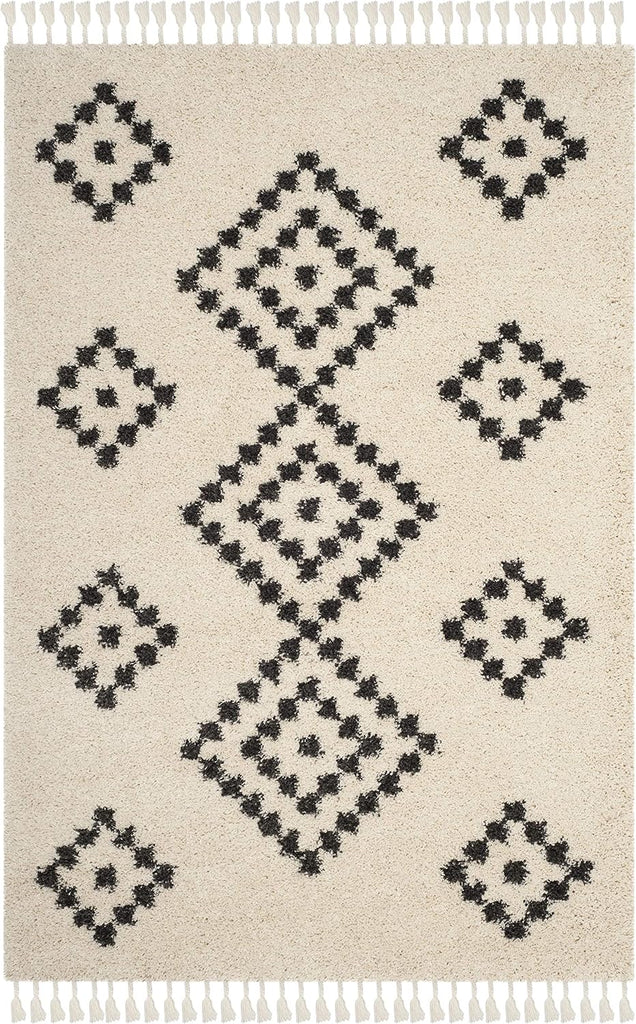 Moroccan Fringe Shag Collection Area Rug, Cream & Charcoal, Boho Tribal, Non-Shedding & Easy Care