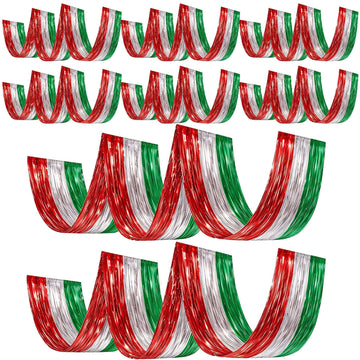 8 Pcs Red Sliver Green Ceiling Fringe Curtain, Christmas Foil Drape