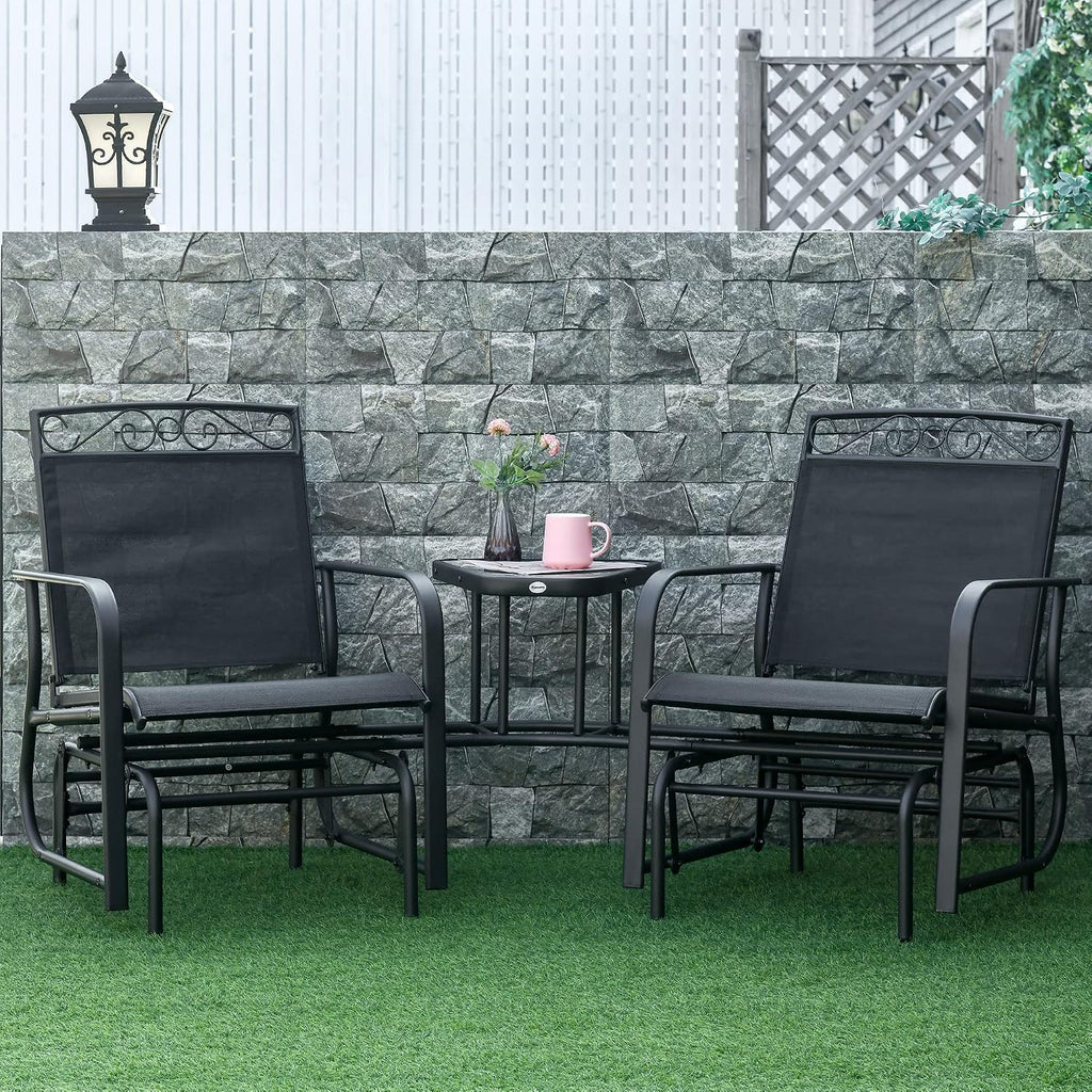 Outdoor Glider Chairs with Coffee Table Patio 2-Seat Black | Rocking Chair Swing, Breathable Sling, Backyard, Garden