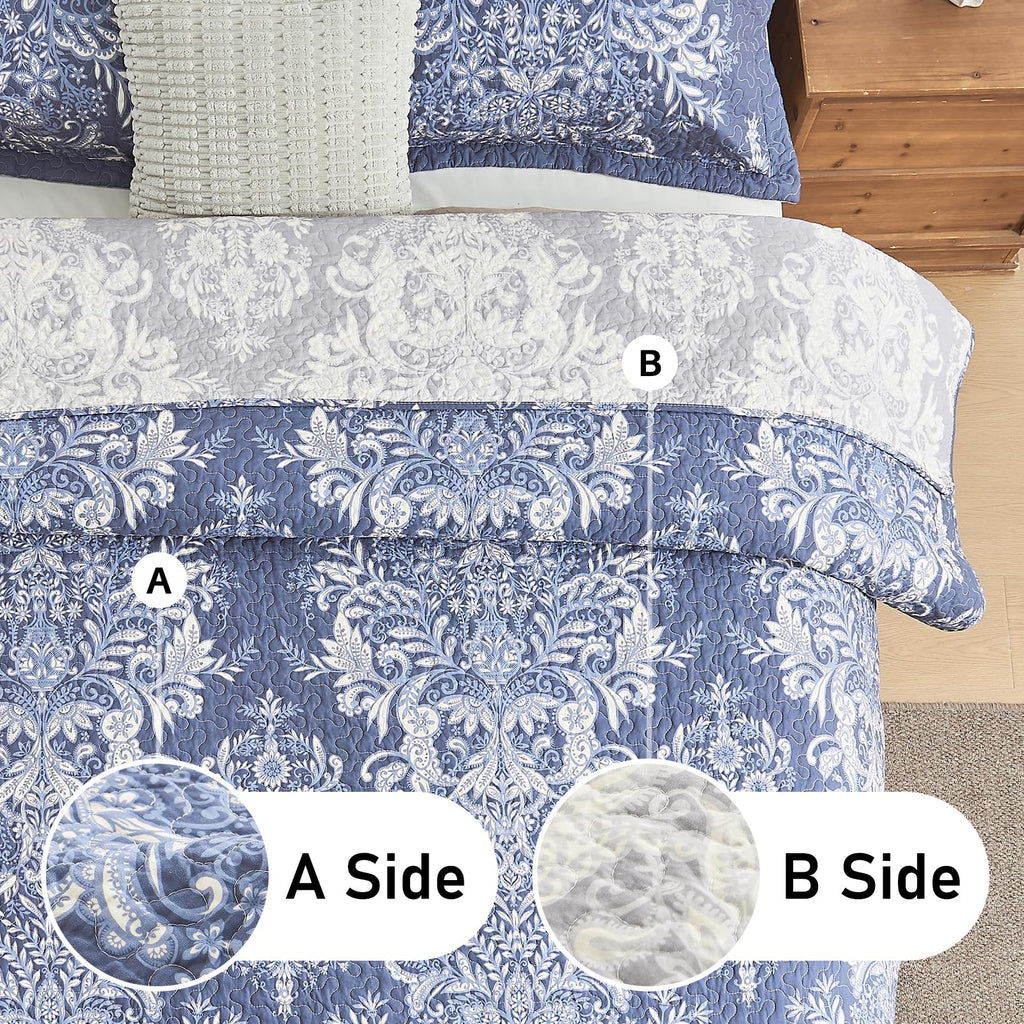100% Cotton Quilt Set, Vintage Damask Floral, Insignia Blue
