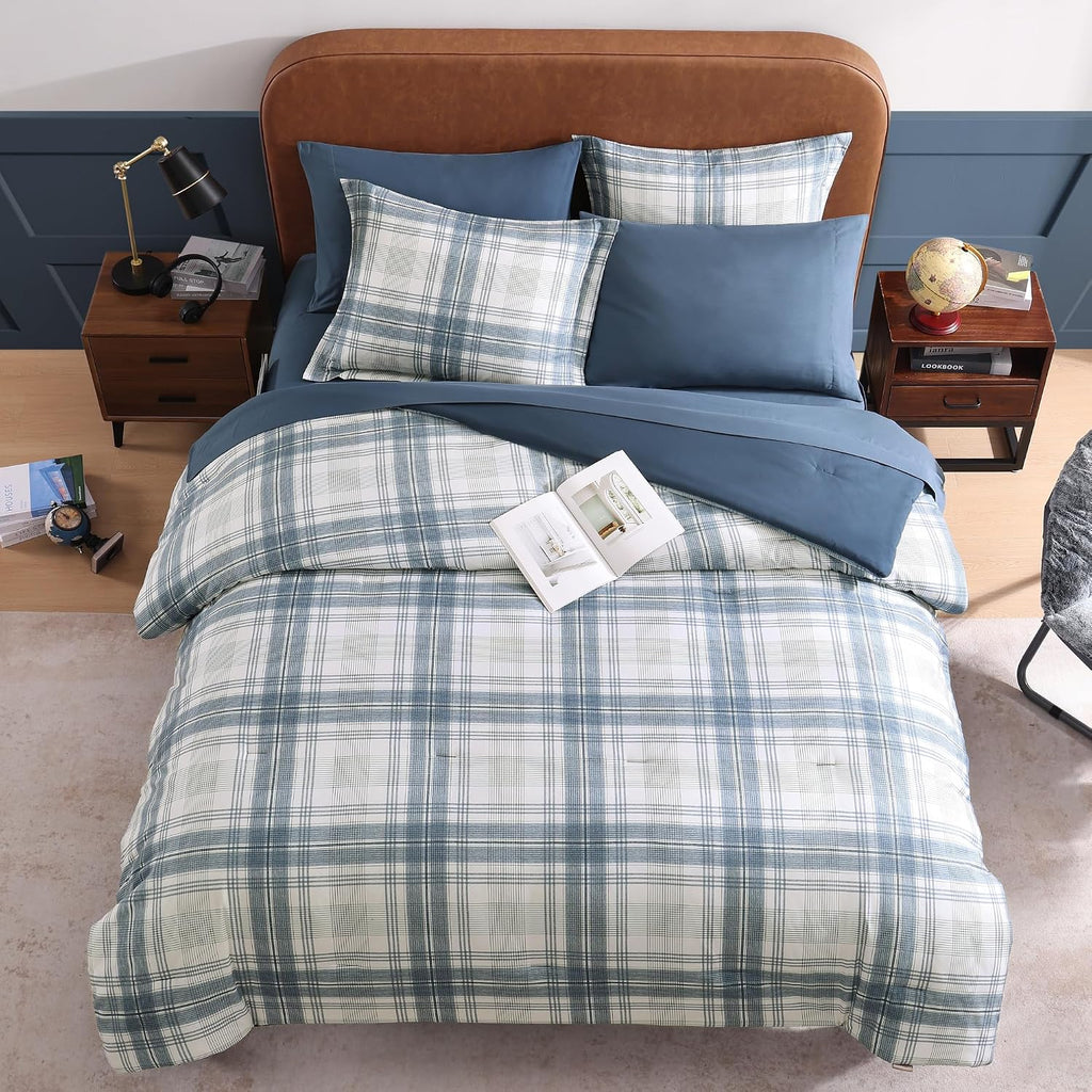 Full Comforter Sets, Blue Grey Plaid Bedding Set 7 Piece for Boys Girls Teen, Classic Homestead-Style Kids Comforter