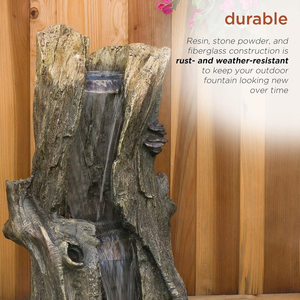 Outdoor Rainforest Waterfall Tree Trunk Floor Fountain with LED Lights, Tiered Garden Decor, 41" H, Brown