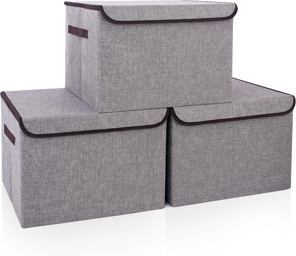 Large 17" 42 Quarts Collapsible Stackable Storage Bins with Lids [3-Pack] Foldable Fabric Linen Storage Boxes Cube