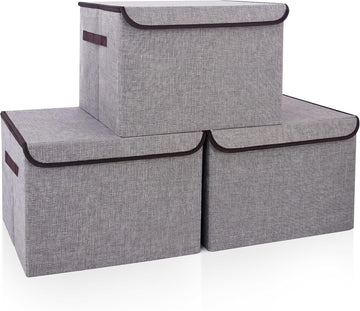 Large 17" 42 Quarts Collapsible Stackable Storage Bins with Lids [3-Pack] Foldable Fabric Linen Storage Boxes Cube