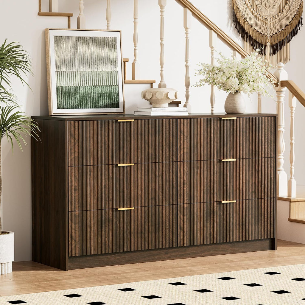 Walnut Dresser , Modern Dresser with 6 Drawers and Smooth Slides, Wide Chest of Drawers with Golden Handles , Closet