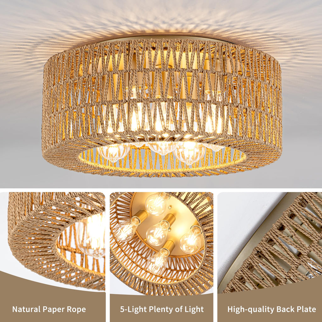 18" Rattan Light Fixture, 5-Light Boho Ceiling Light, Gold Flush Mount Ceiling Light