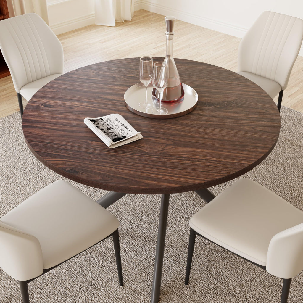 45.3'' Walnut Round Dining Table Set for 4, Mid Century Modern Small Coffee Set Kitchen Apartment (Dark Walnut Table