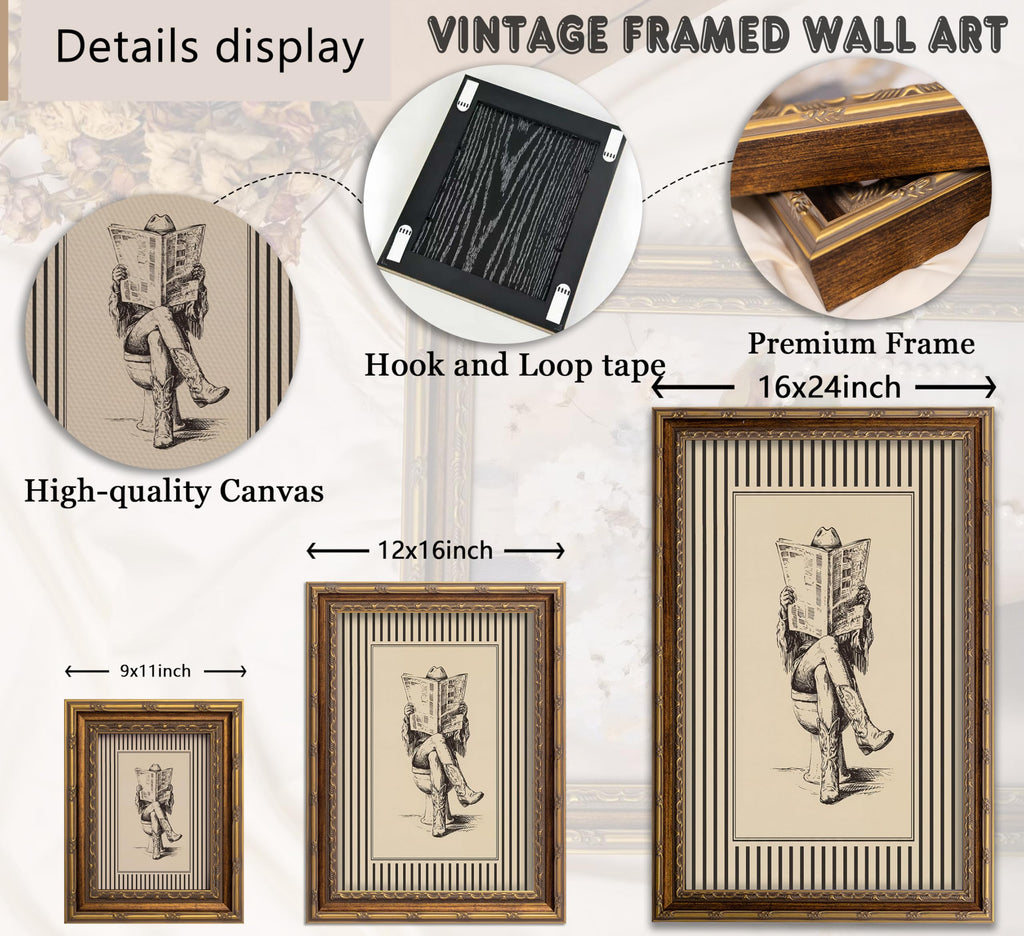 Vintage Gold Framed Cowgirl Bathroom Wall Art, Western Cowgirl Reading Newspaper on The Toilet Canvas Print, Cowboy