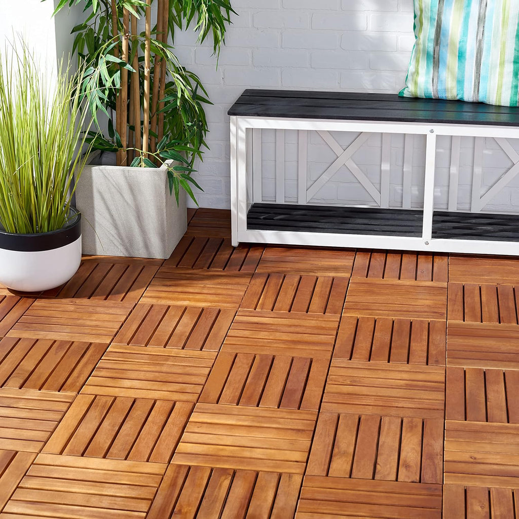 Outdoor Collection Osaka Natural Acacia Wood 6-Slat Interlocking Floor Tile Patio Deck 12 x 12-inch (Set of 10)