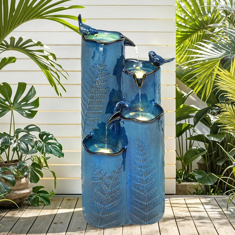 AUTODAYA 32" H Ceramic Outdoor Water Fountain, 4-Tier Tropical Cascading Waterfall with LED