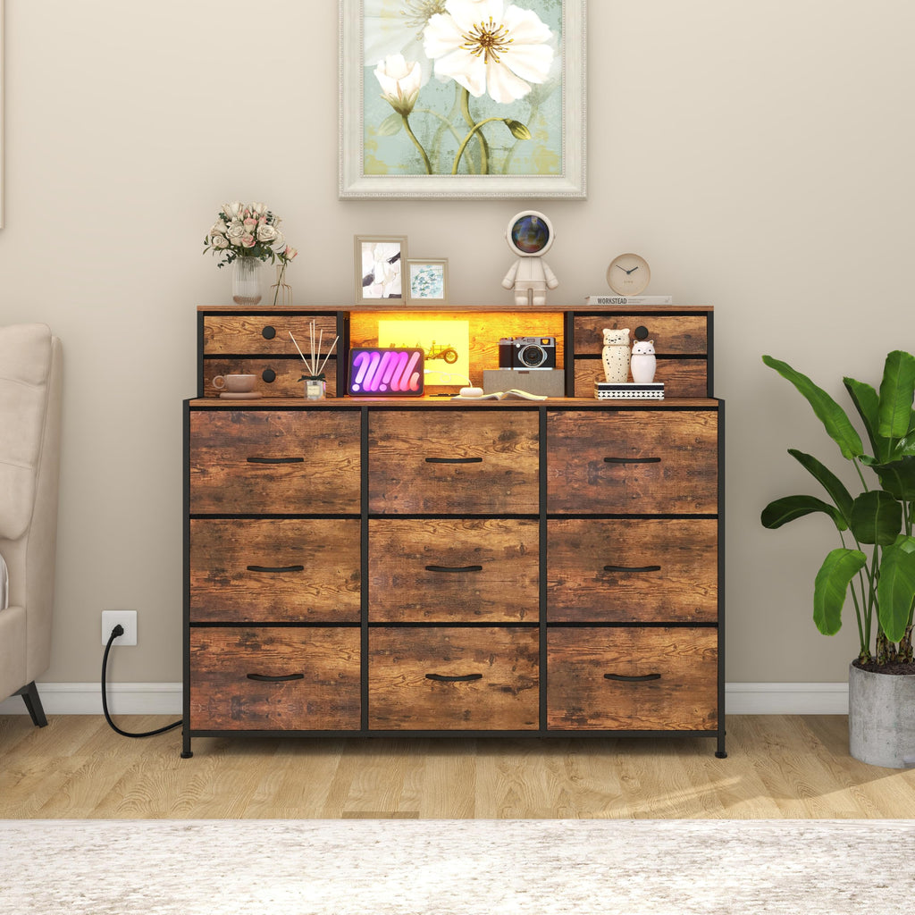 Rustic with Charging Station and LED Lights Large 13 Drawers Fabric Chest of Drawers Living Room Hallway Entryway