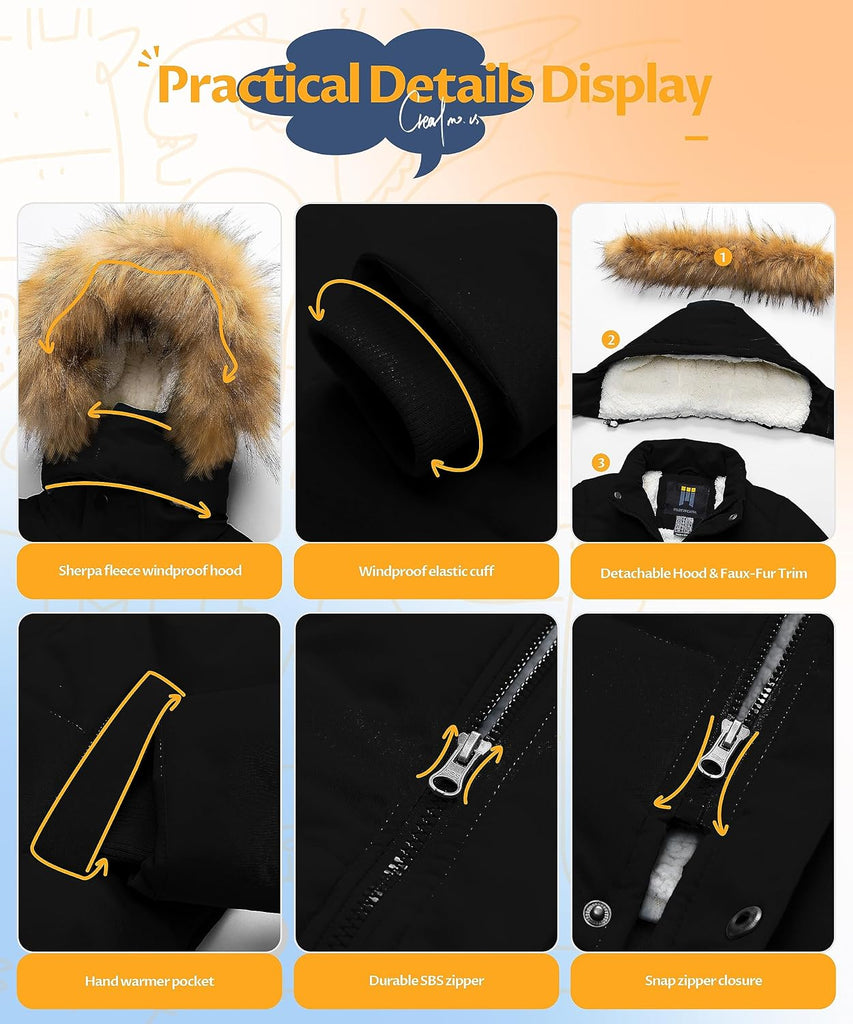 Boy's Sherpa Long Parka Winter Coat Thicken Water Repellent Puffer Jacket With Removable Faux Fur Hood