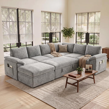 Sectional Sleeper Sofa with Pull Out Bed, Sectional Couch, Light Grey