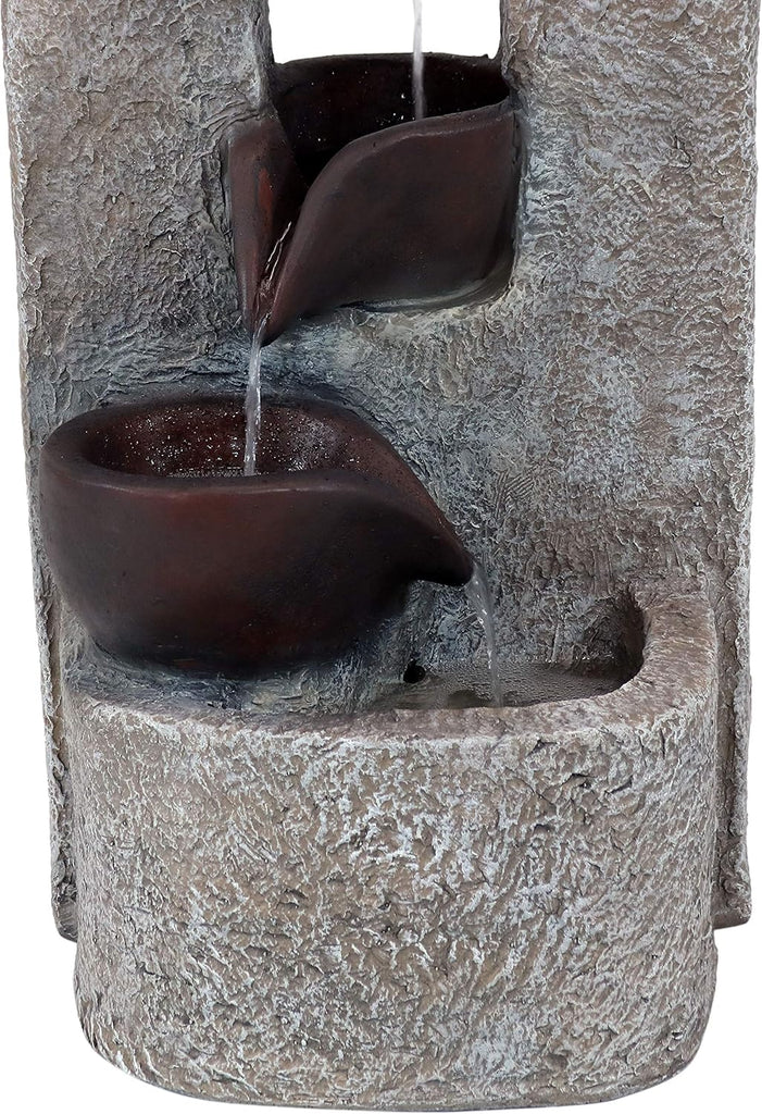 Aged Tiered Vessels 29-Inch Solar Fountain with Battery Backup - Submersible Pump - Polyresin