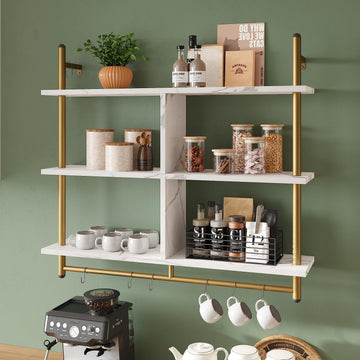 Kitchen Shelves Wall Mounted Floating Pipe Shelving 3 Tier 41.5" Coffee Bar Shelf with Holder Wall Display Storage