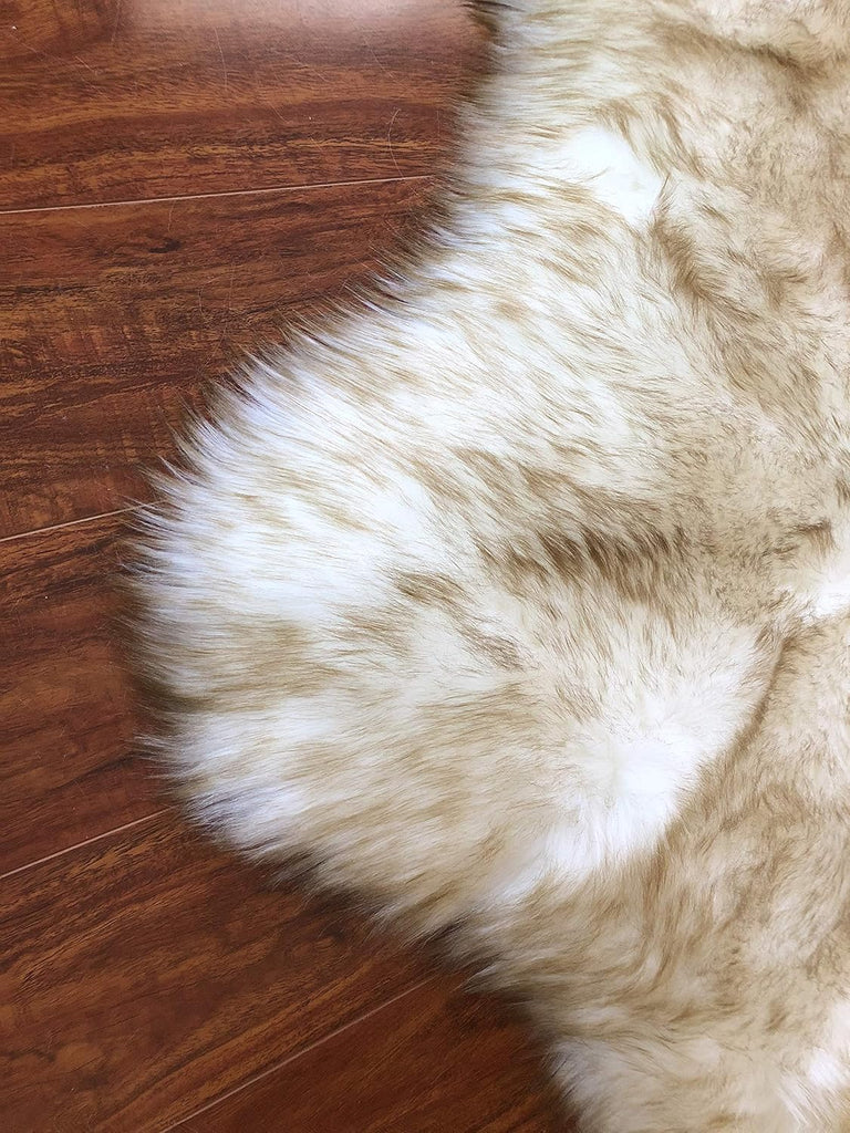 Faux Sheepskin Rug, White/Brown Tips, 4'x6', Free Shape | 4 pelts; vegan fur indoor carpet , den, bedroom & nursery