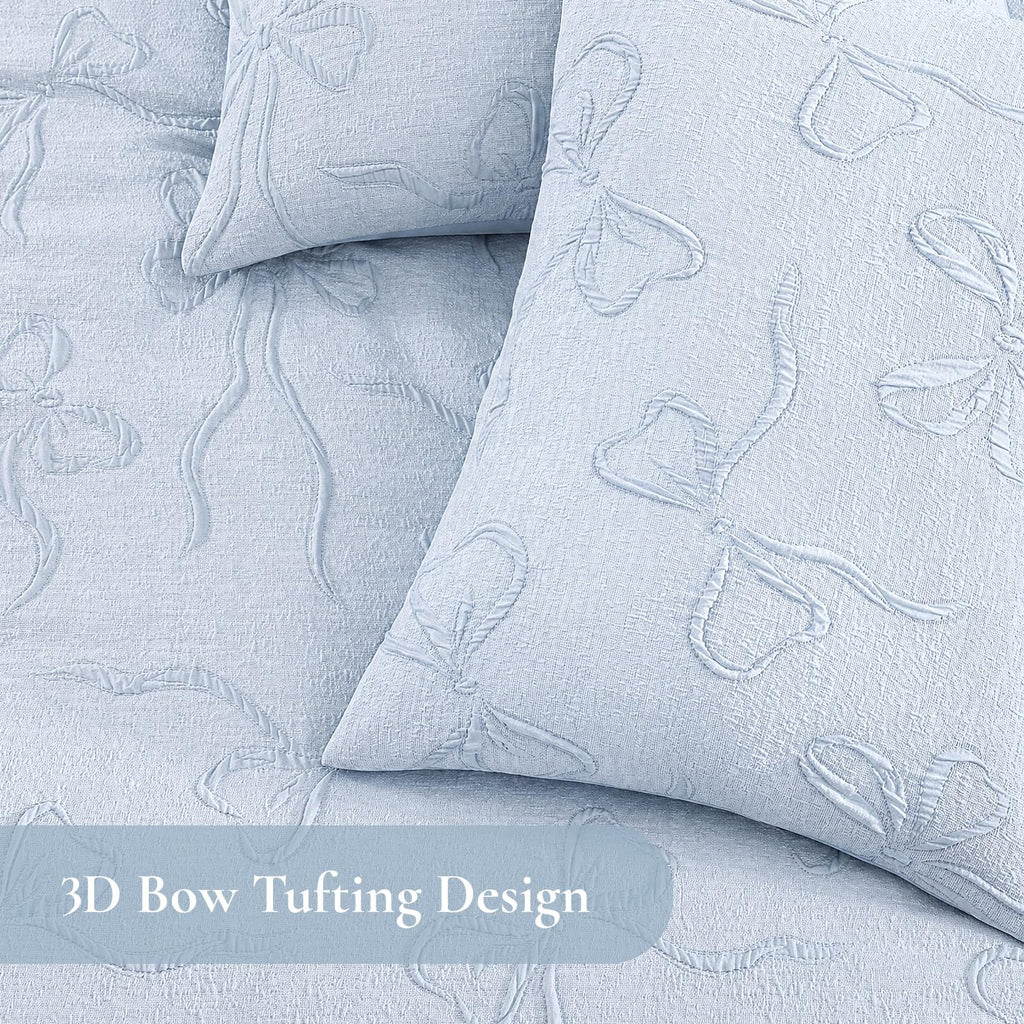 Queen Blue Bow Comforter Set, 3D Boho Tufted Bedding Set for Girl