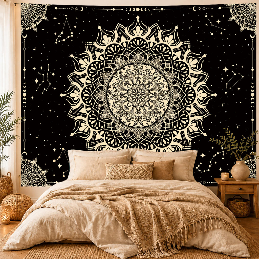 Boho Mandala Tapestry, Black Hippie Ceiling Tapestries