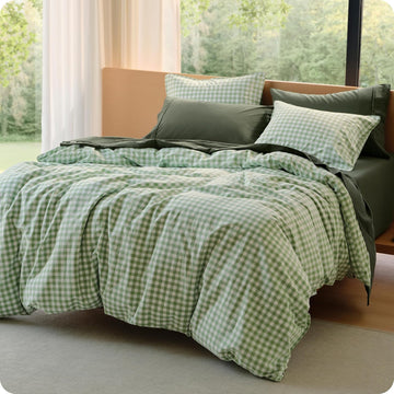 Gingham Duvet Cover Queen, 100% Washed Cotton Duvet Cover Linen‑Like, PureWoven with Reversible Yarn‑Dyed Design & Double‑Stitch Craft, 3-Piece with Zipper, Gingham Willow Green, 90"x90"
