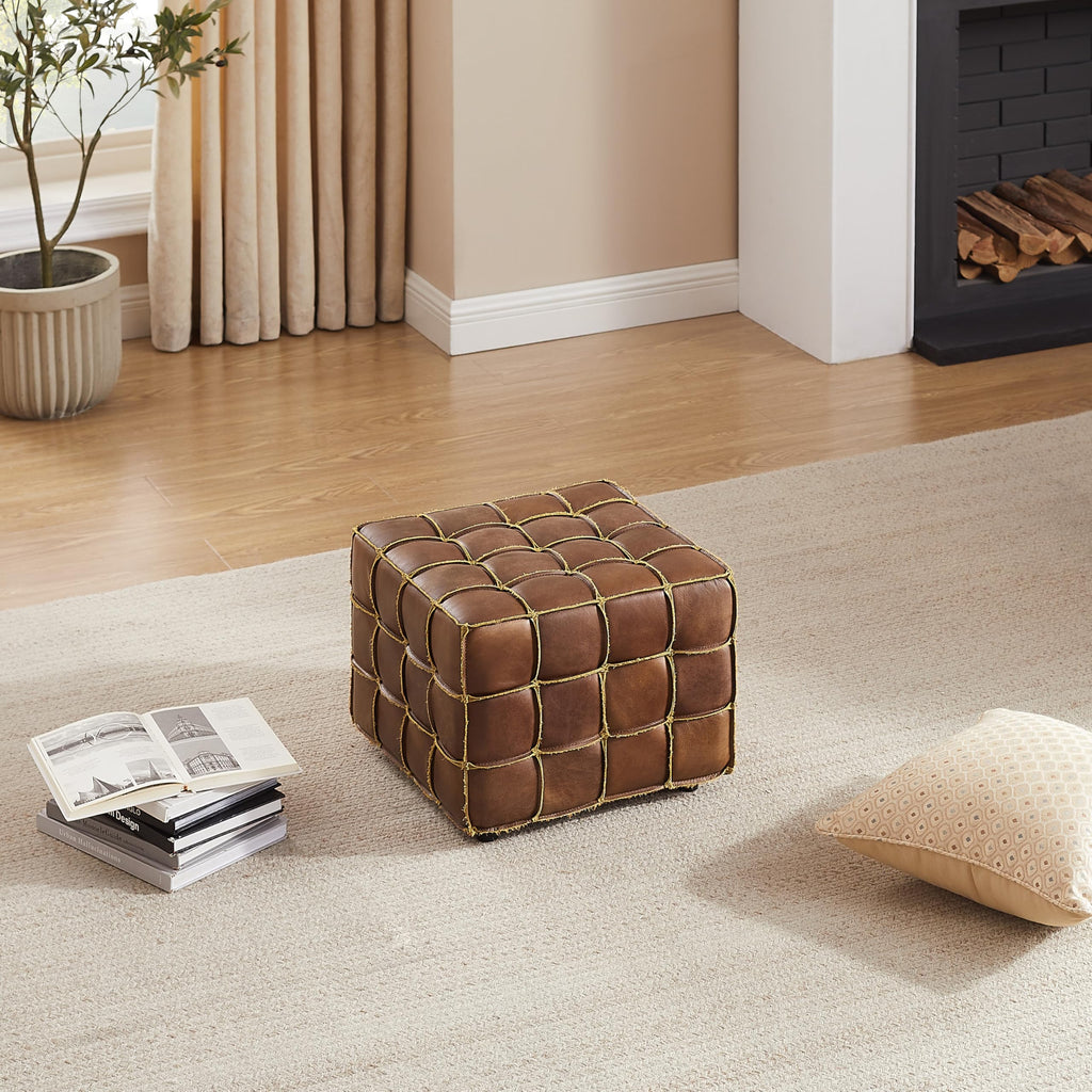 Tufted Square Ottoman Leather Footstool Modern Foot Rest Cognac