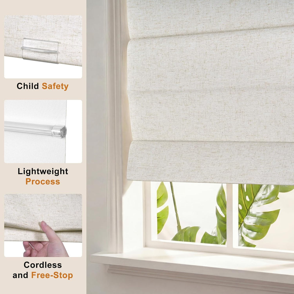 No Drill Blackout Roman Shades for Indoor Windows,Cordless Roman Blinds,Linen No Tools Window Shades,Easy to Install