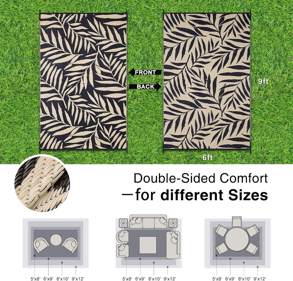 Outdoor Rug Waterproof Reversible Leaf Mat, Black & Beige