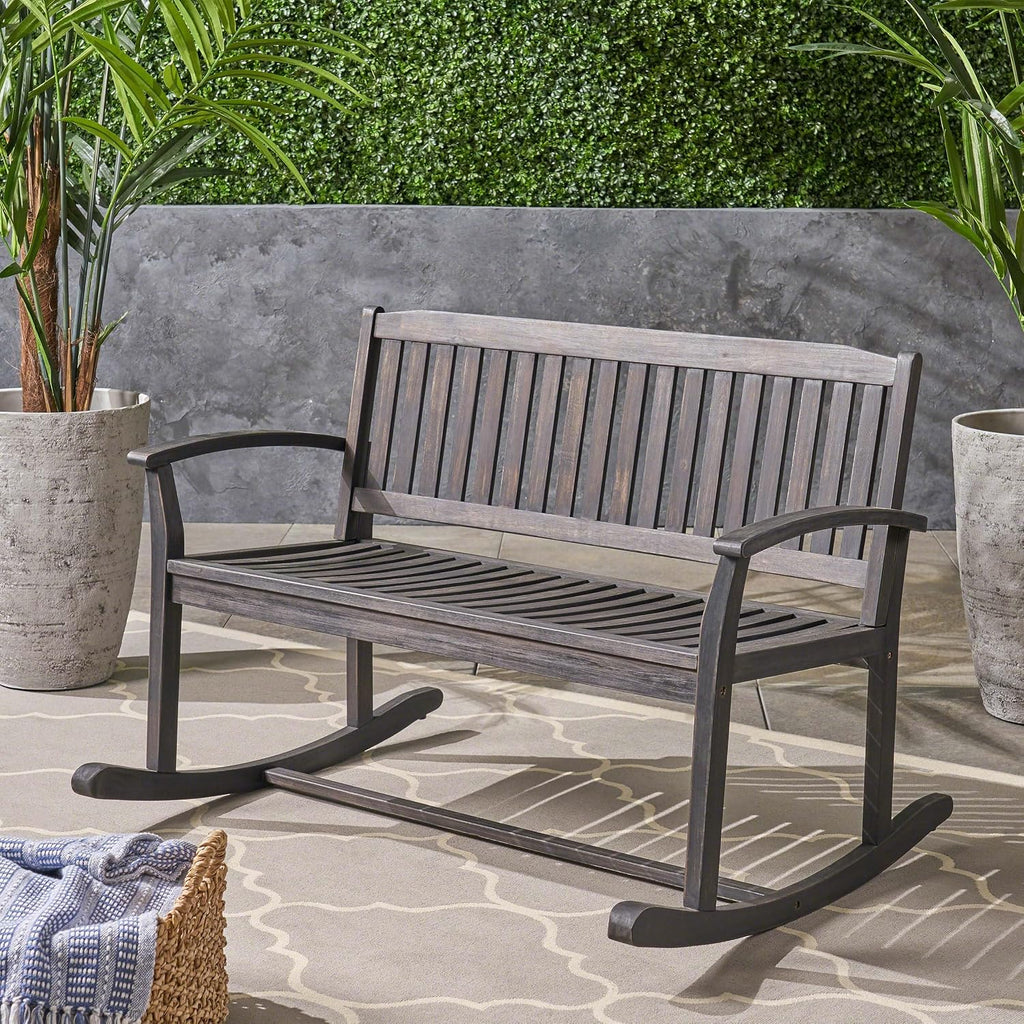 49" Outdoor Rocking Loveseat Bench, 2-Person Double Rocking Chair with Slatted Back/Curved Armrests, Porch Glider for
