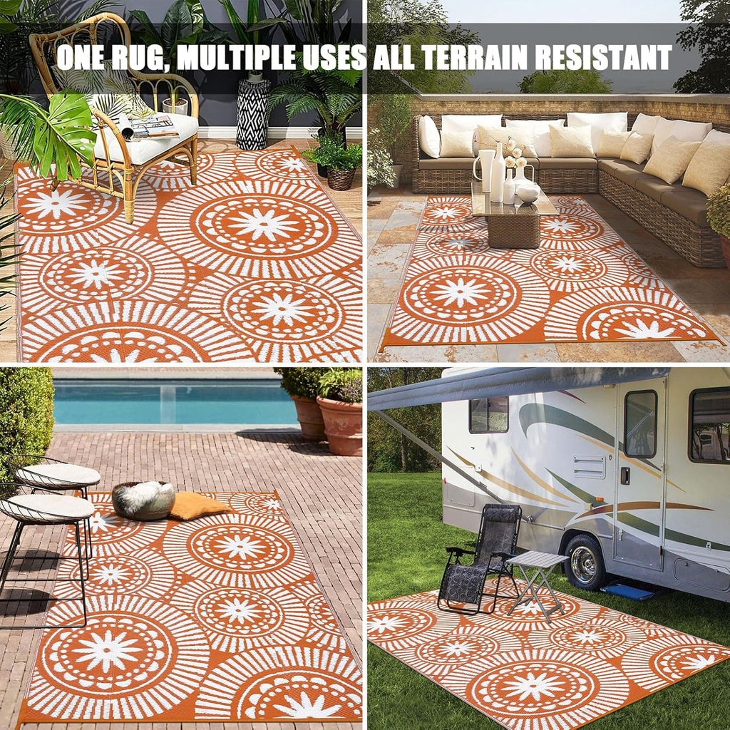 Outdoor Plastic Straw Rug Modern Geometric Style Reversible Patio Area Rugs Waterproof Non Shedding Portable