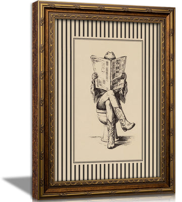 Vintage Gold Framed Cowgirl Bathroom Wall Art, Western Cowgirl Reading Newspaper on The Toilet Canvas Print, Cowboy