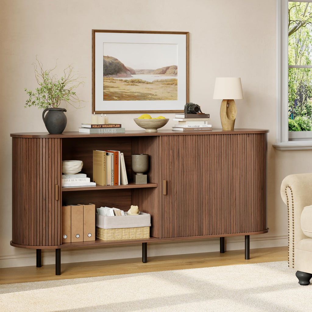63" Fluted Buffet Sideboard Cabinet with Sliding Door, Walnut
