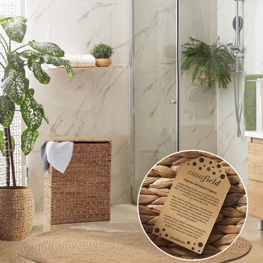 Large Laundry Hamper with Lid and Removable Liner Bag - Cinnamon, Woven Water Hyacinth Rectangular Laundry Basket