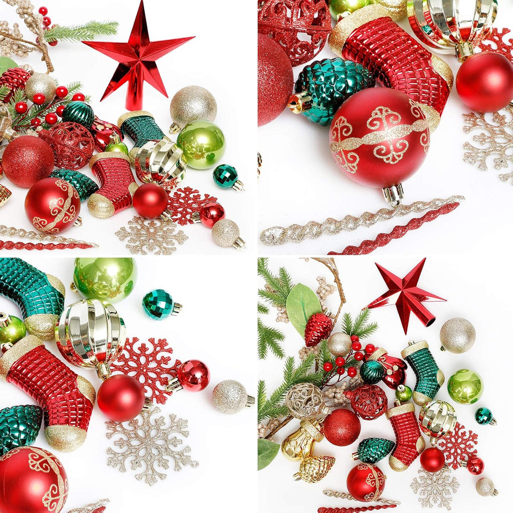 Tree Ornament, 132pcs Christmas Decoration Set Red Green Gold