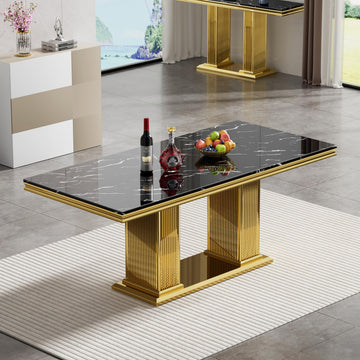 Black Marble Dining Table for 6 Luxury Faux Marble Kitchen Table with Gold Mirrored Stainless Steel Base, 68"