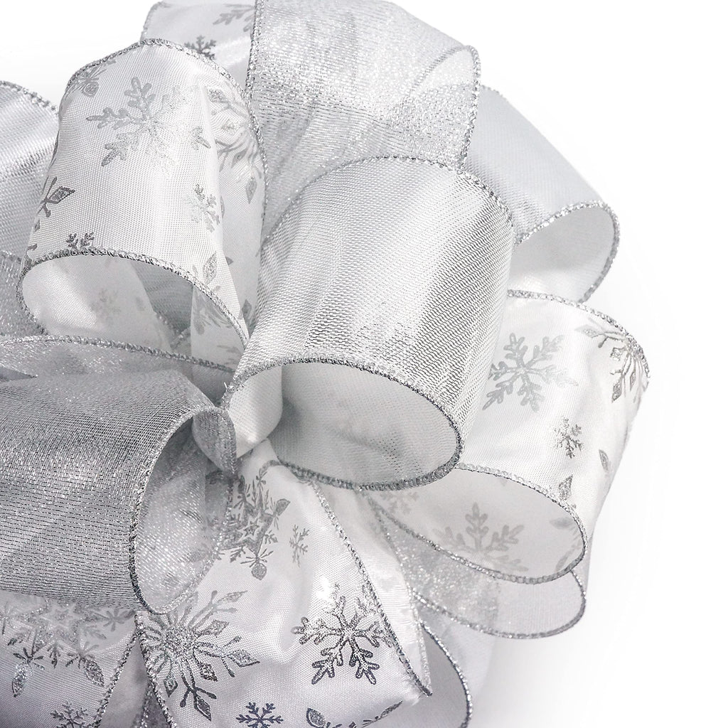 Sliver Snowflake Less Glitter Christmas Tree Topper Bow 11" with 4 Ribbon Streamers x 3 Yards Long Each for Holidy