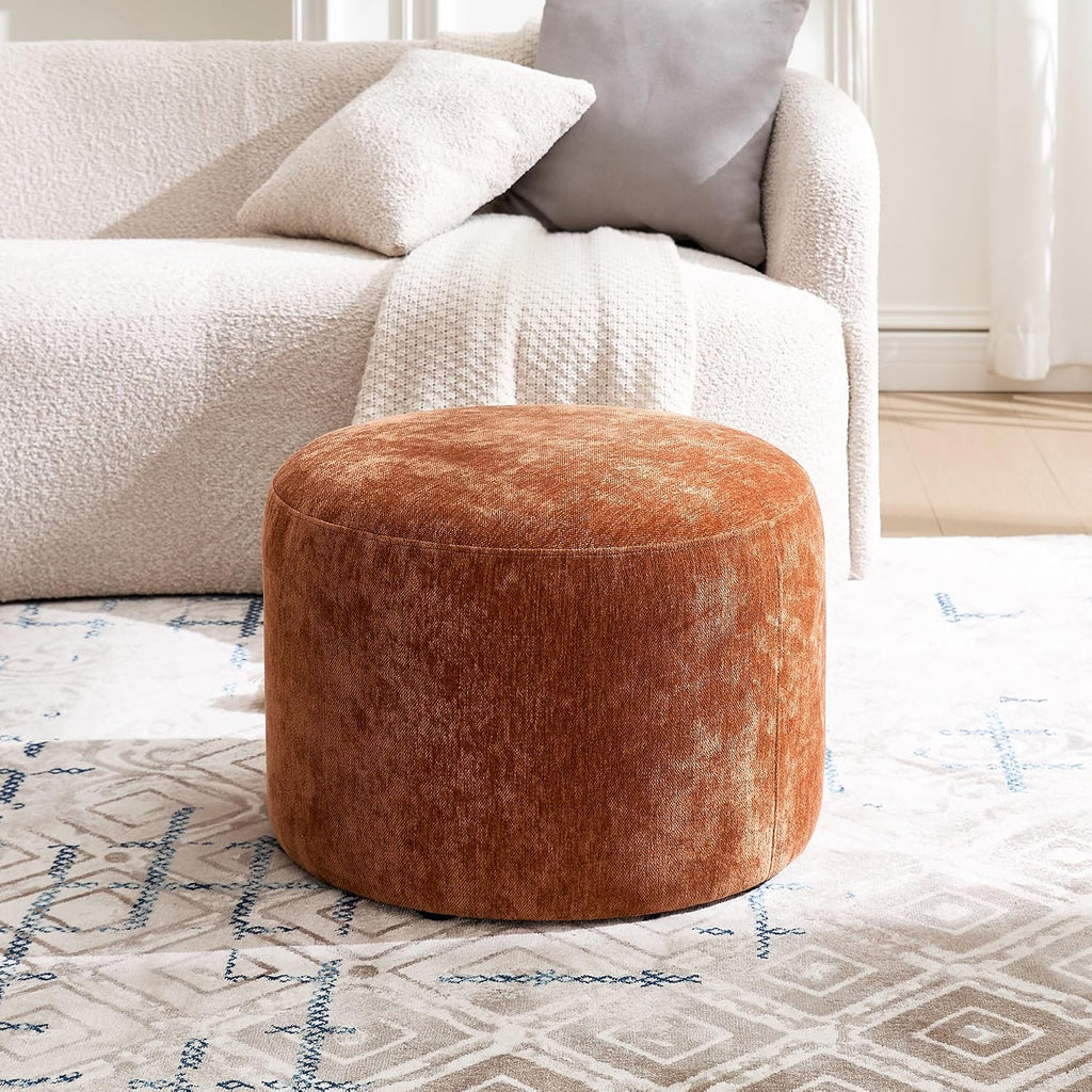Upholstered Round Pouf Ottoman, Modern Footstool, Orange-Brown | Small Chenille Footrest with Soft Padded Seat & Wood