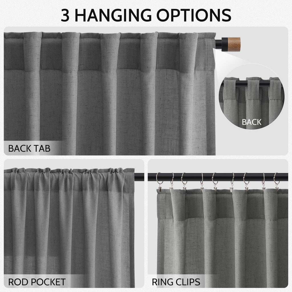 Blazer Grey Linen Curtains 90 Inch Long 2 Panels Set Living Room, Soft Linen Textured Window Drapes Semi Sheer Light