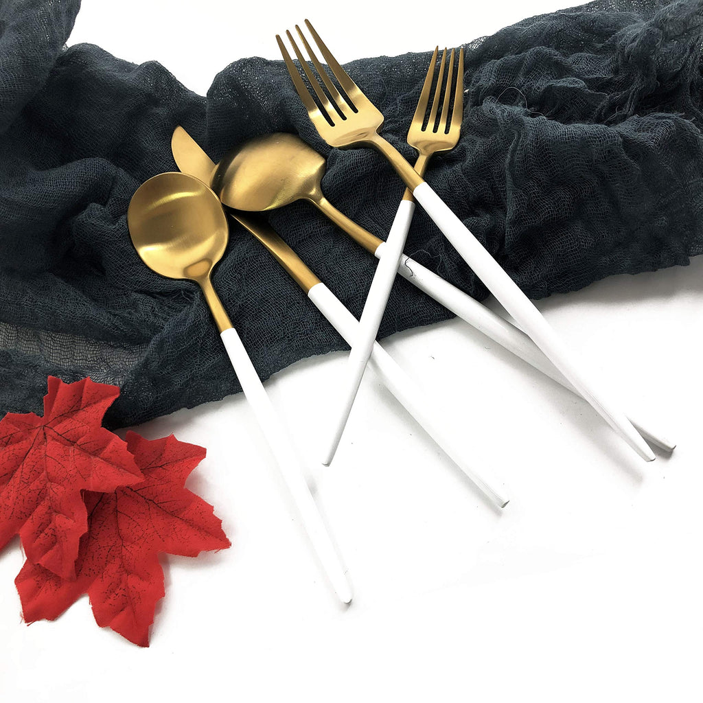 Silverware Set, Hand polished Matte Gold White Flatware Cutlery Set Service for 2, Satin Finish 10 Pieces 18/10