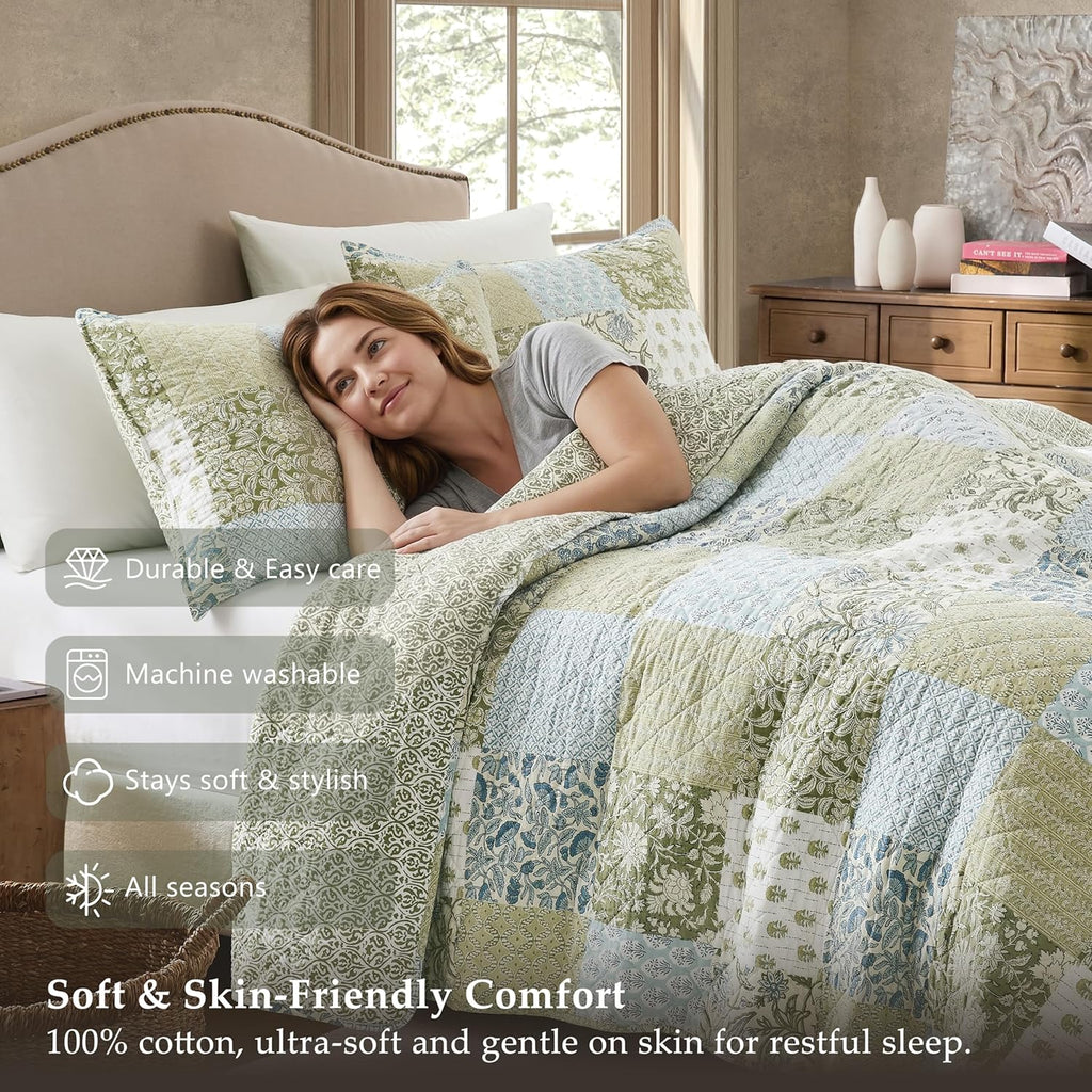 100% Cotton Reversible Patchwork Quilt Queen, Lightweight Farmhouse Vintage Shabby Chic Bedding Set with 2 Pillow