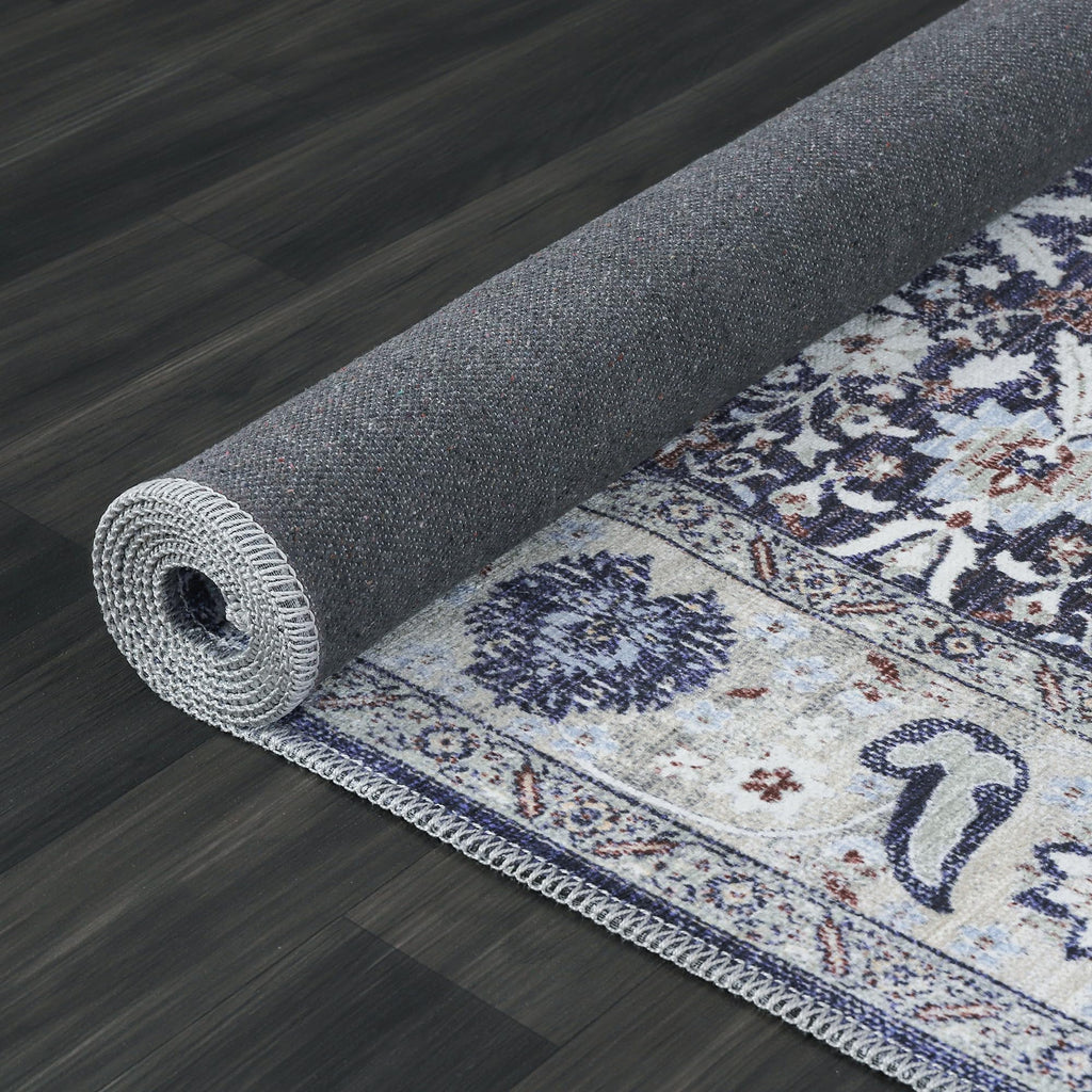 Machine Washable Area Rug Blue Thin Distressed Vintage Oriental Traditional Durable Easy to Clean Carpet Bedroom