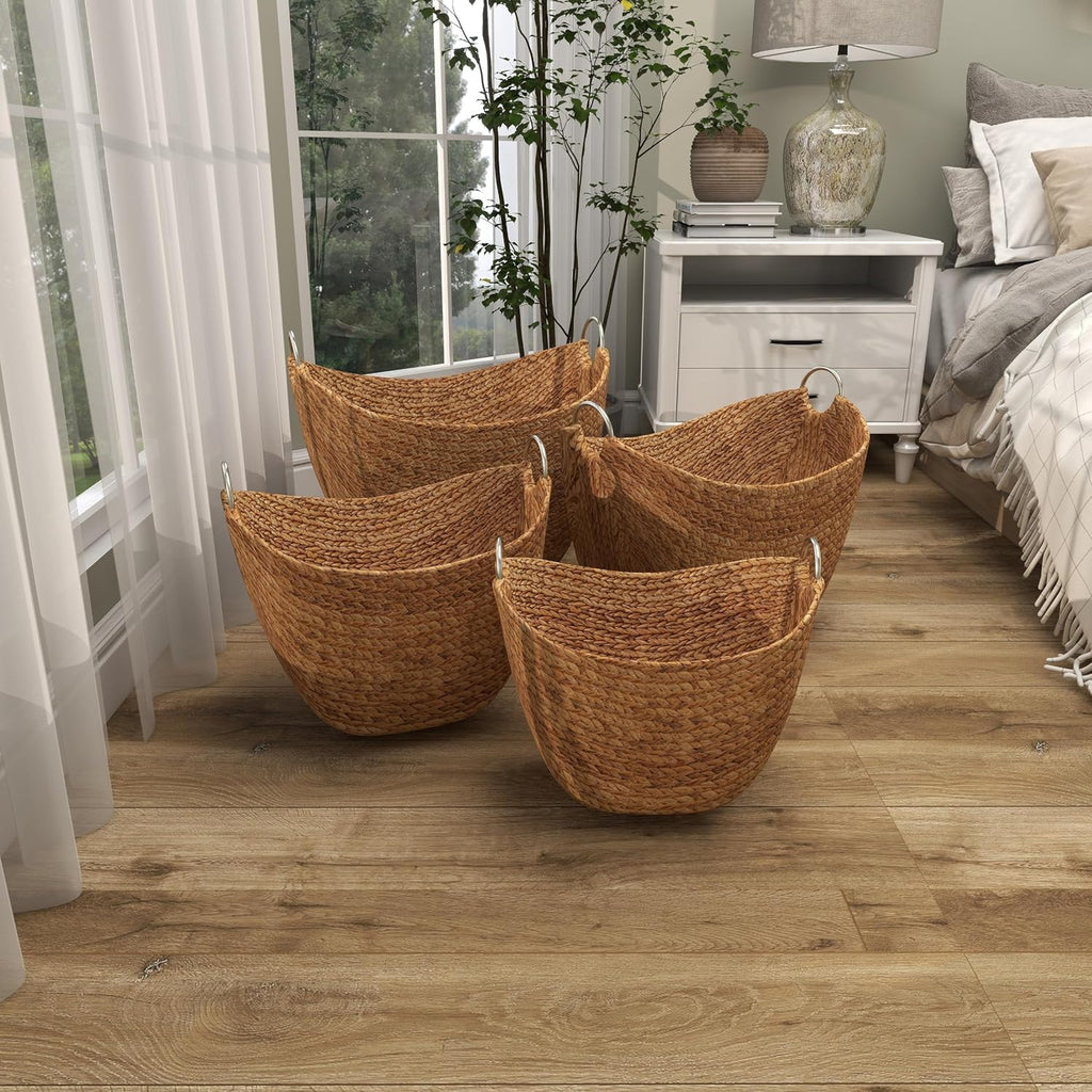 79 Seagrass Handmade Decorative and Functional Storage Basket Woven Curved Basket Organizer with Silver Metal