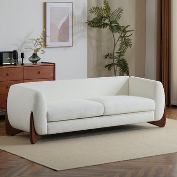 82 Inch Boucle Sherpa Sofa, Chenille Loveseat with Removable Cushions & Wood Legs, Modern Plush 3-Seater Couch, Beige