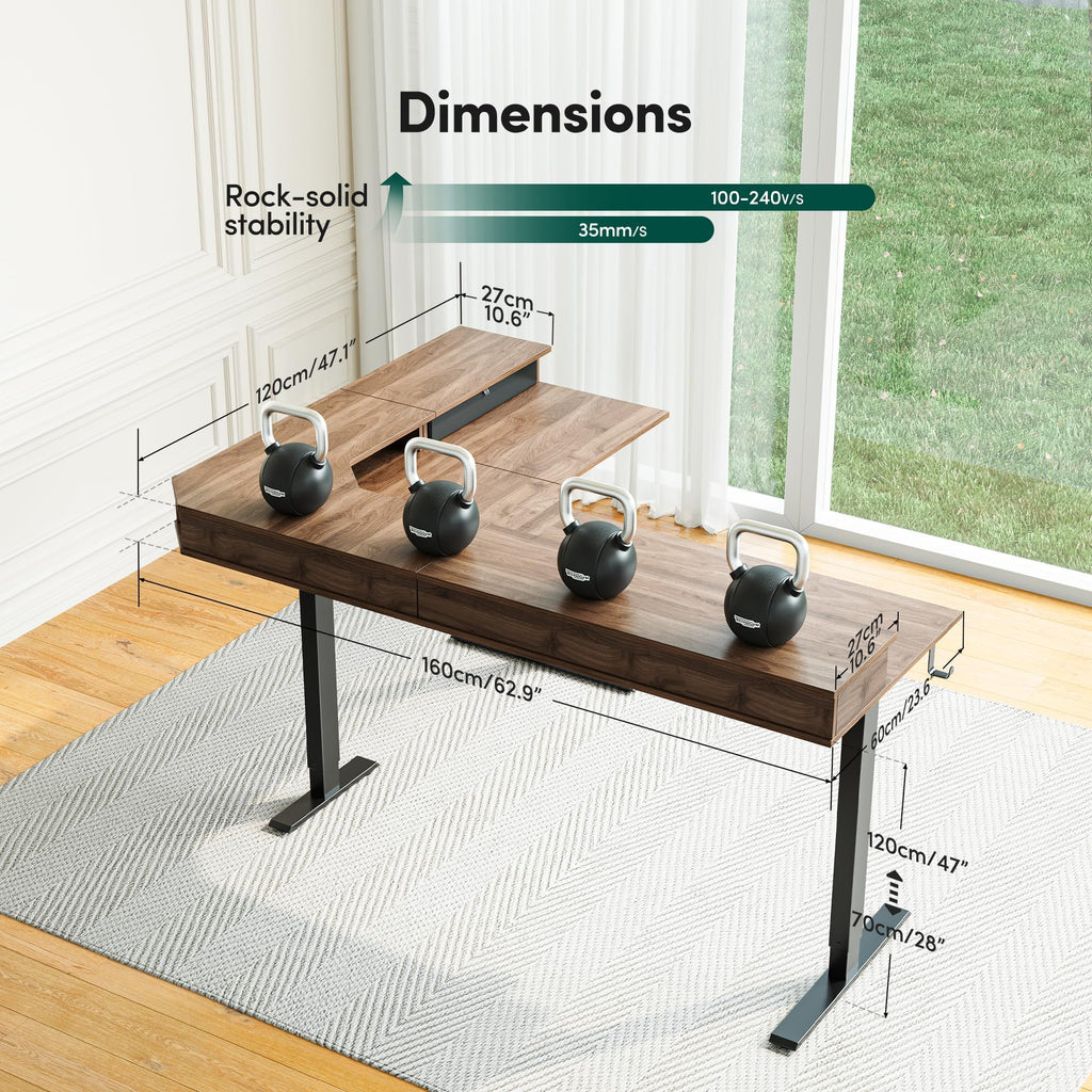 63"x48" L Shaped Standing Desk with Drawers & Shelf, Deep Walnut