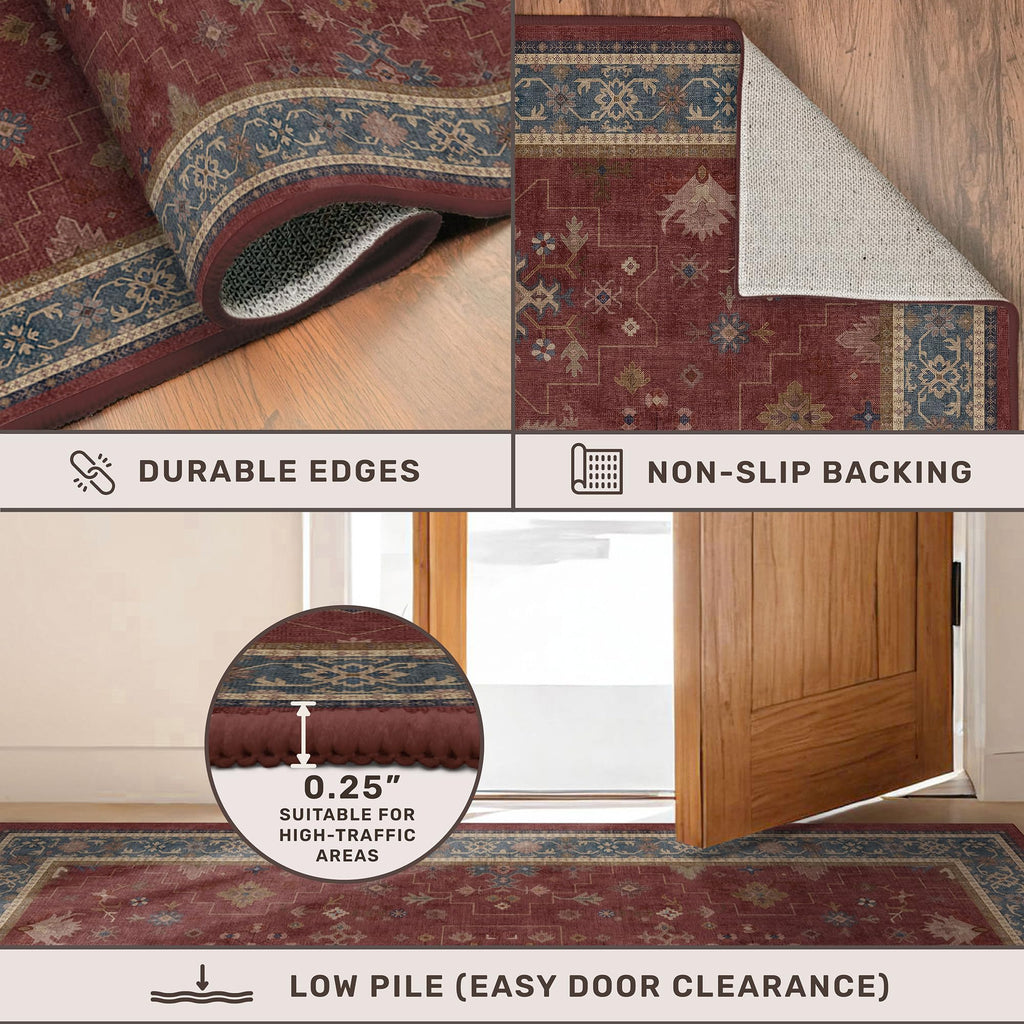 Boho Washable 3x16 Extra Long Hallway Runner Rug, Burgundy Waterproof Large Kitchen Floor Rug Indoor, Non-Slip Stain